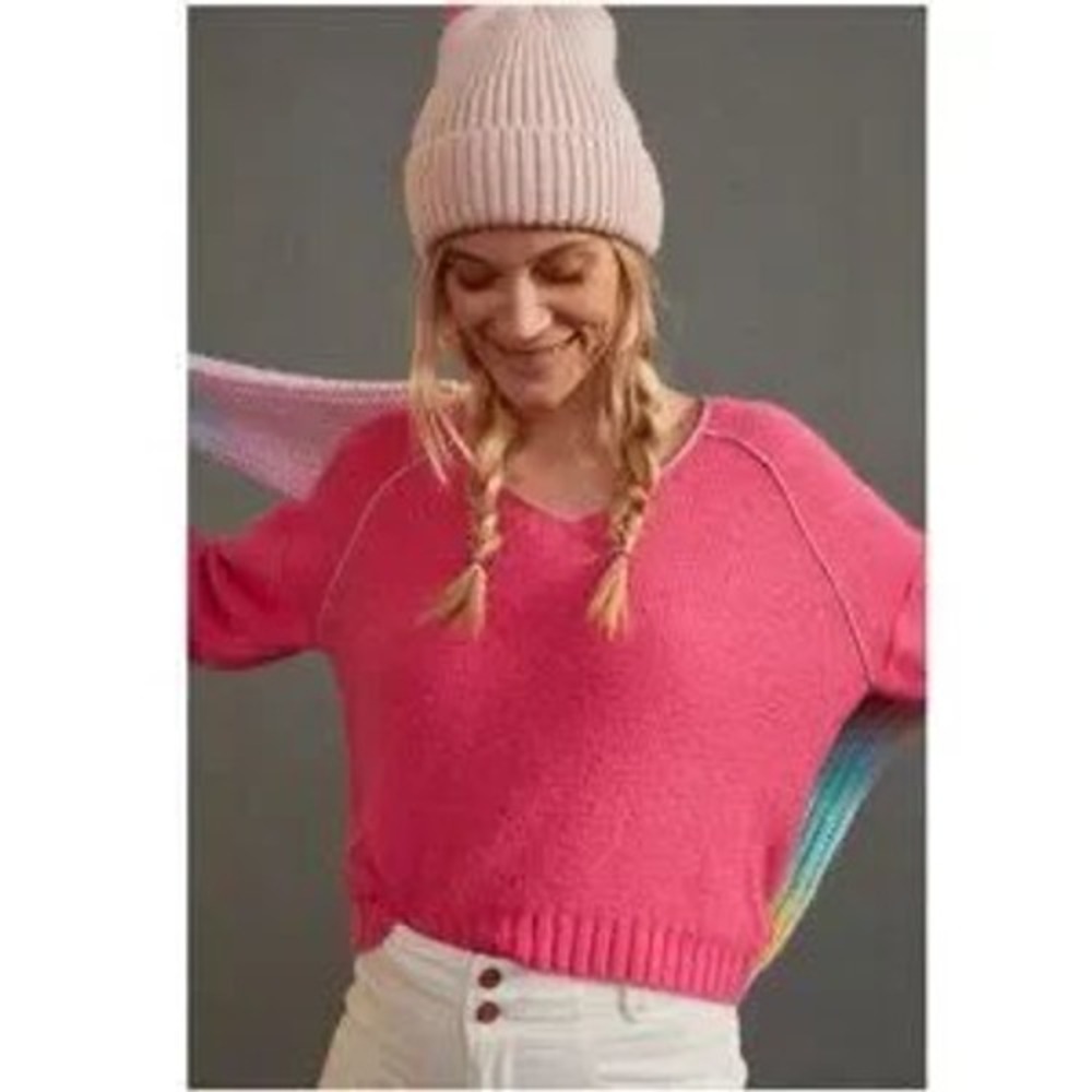 Anthropologie Pink Wool Alpaca Blend V-Neck Chain Trim Sweater Small‎